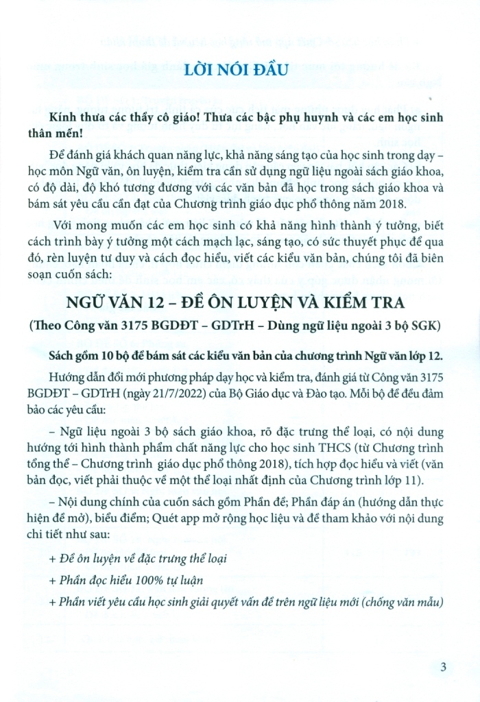 NGỮ VĂN 12 - ĐỀ ÔN LUYỆN VÀ KIỂM TRA - DÙNG NGỮ LIỆU NGOÀI SÁCH GIÁO KHOA (Theo chương trình GDPT 2018 - Dùng chung cho 3 bộ SGK)